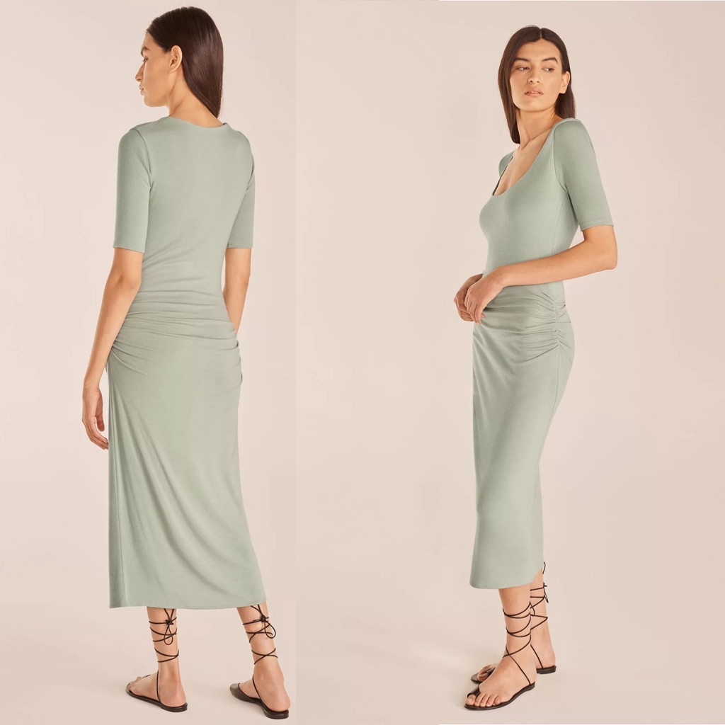 Rebecca Taylor Light Green Ruched Luxury Midi Round Neck Dress Vacay L Coastal